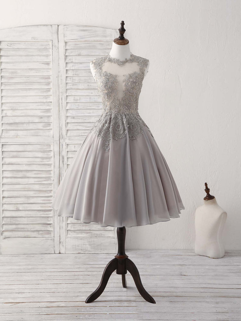 Gray High Neck Lace Chiffon Short Prom Dress Gray Bridesmaid Dress US 14 / Gray Gray High Neck Lace Chiffon Short Prom Dress Gray Bridesmaid Dress US 14 / Gray