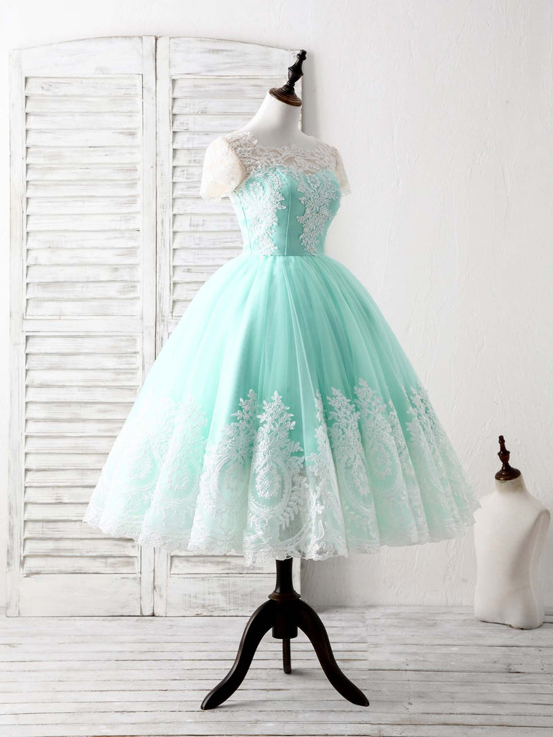 Green Round Neck Lace Applique Tulle Short Prom Dresses shopluu Green Round Neck Lace Applique Tulle Short Prom Dresses shopluu