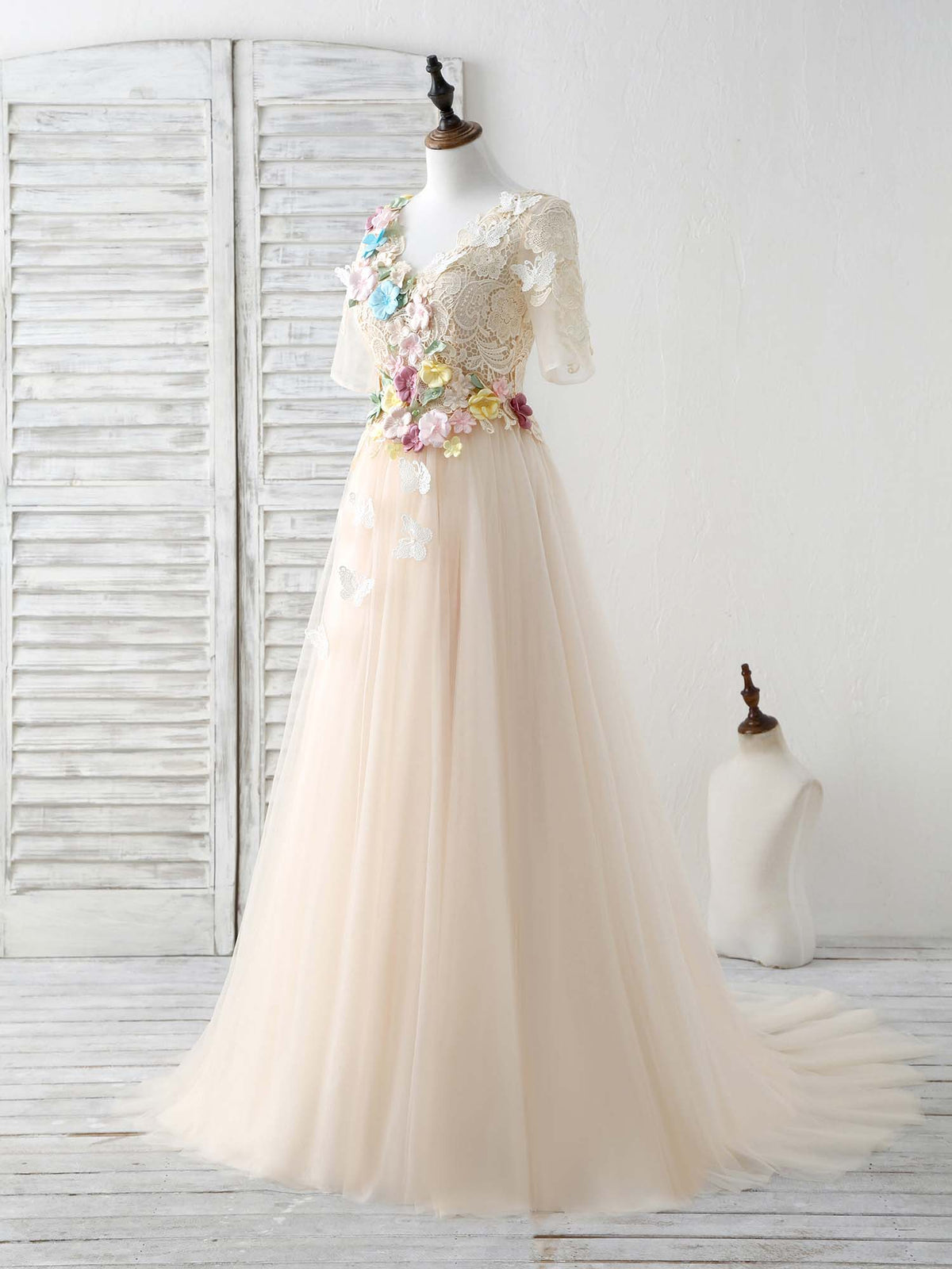 A-Line Champagne Lace Applique Tulle Long Prom Dress, Evening Dress