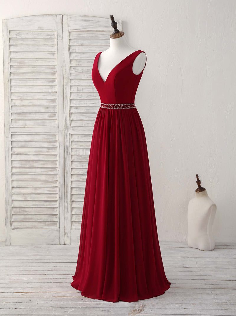 Burgundy Chiffon V Neck Beads Long Prom Dress Burgundy Evening Dress shopluu Burgundy Chiffon V Neck Beads Long Prom Dress Burgundy Evening Dress shopluu