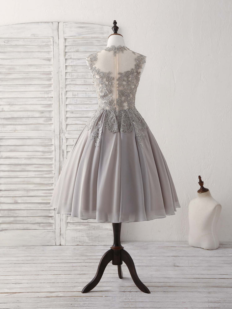 Gray High Neck Lace Chiffon Short Prom Dress Gray Bridesmaid Dress US 14 / Gray Gray High Neck Lace Chiffon Short Prom Dress Gray Bridesmaid Dress US 14 / Gray