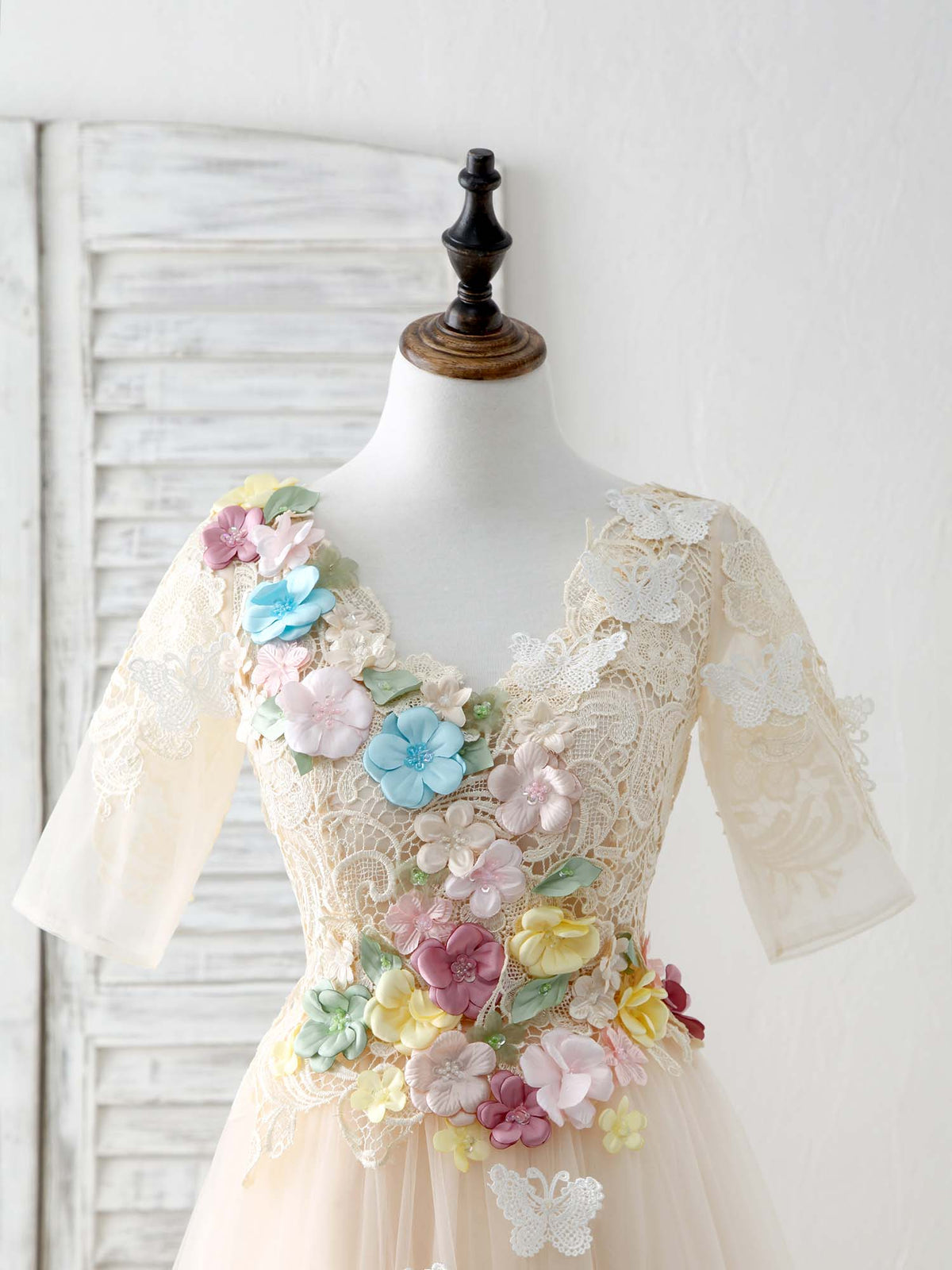 A-Line Champagne Lace Applique Tulle Long Prom Dress, Evening Dress