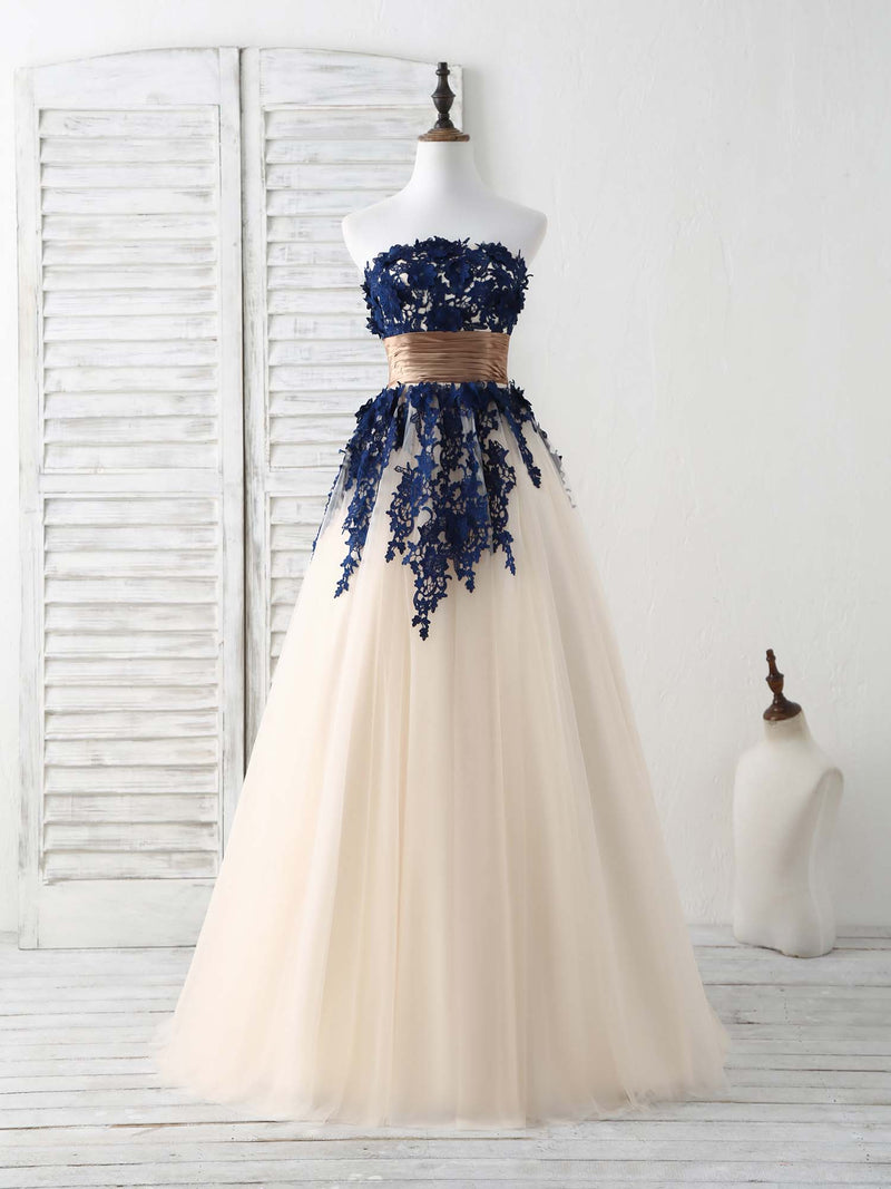Blue Tulle Lace Applique Long Prom Dress Blue Tulle Sweet 16 Dress