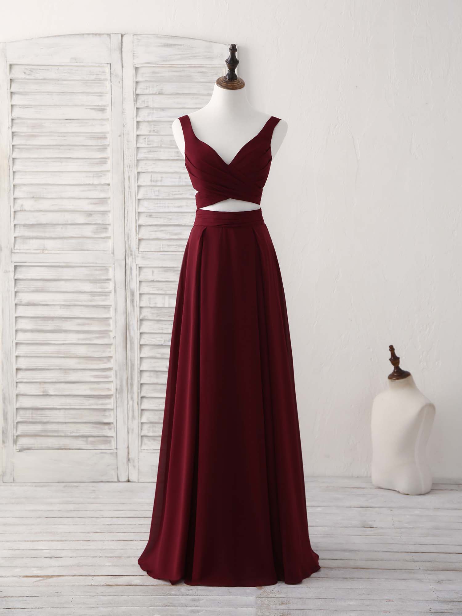 maroon two piece homecoming dress Burgundy Pieces Chiffon Long Prom Dress, Evening – shopluu evening satin top