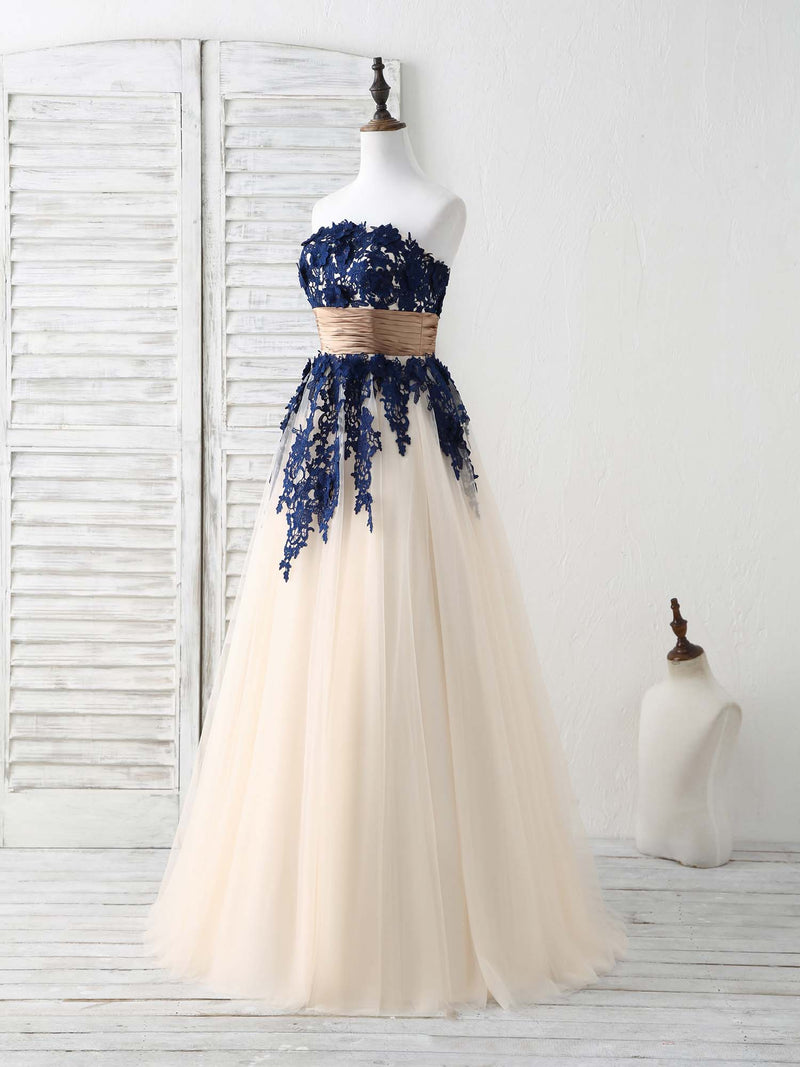 Dark Blue Lace Applique Tulle Long Prom Dress Blue Bridesmaid Dress US 4 / Dark Blue Dark Blue Lace Applique Tulle Long Prom Dress Blue Bridesmaid Dress US 4 / Dark Blue
