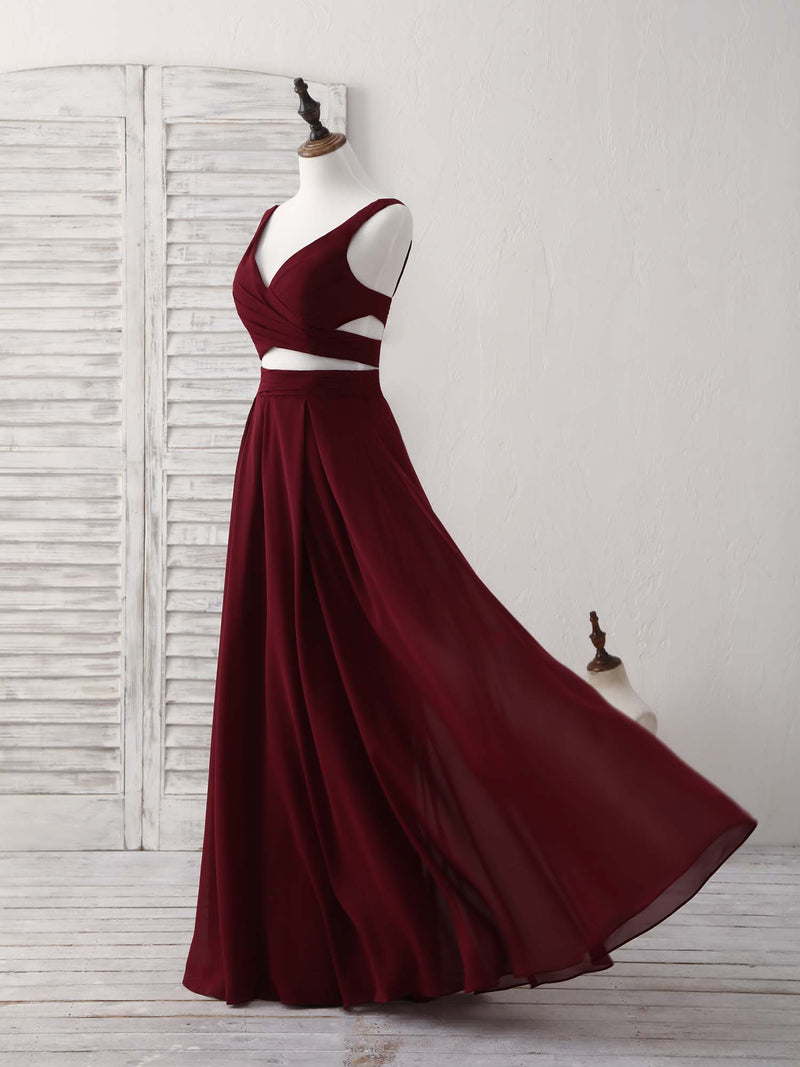 Burgundy Two Pieces Chiffon Long Prom Dress, Evening Dress Burgundy Two Pieces Chiffon Long Prom Dress, Evening Dress