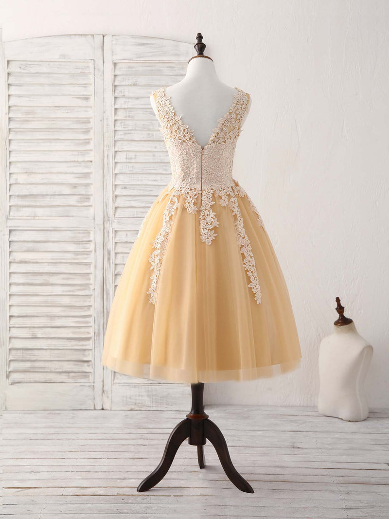 Champagne V Neck Tulle Lace Applique Short Prom Dresses US 8 / Custom Color Champagne V Neck Tulle Lace Applique Short Prom Dresses US 8 / Custom Color