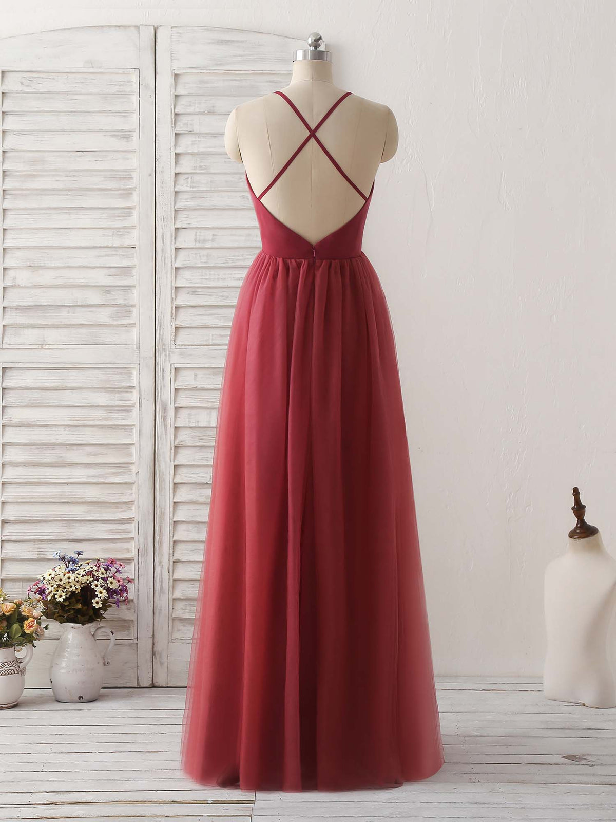 Burgundy V Neck Tulle Long Prom Dress, Burgundy Evening Dress