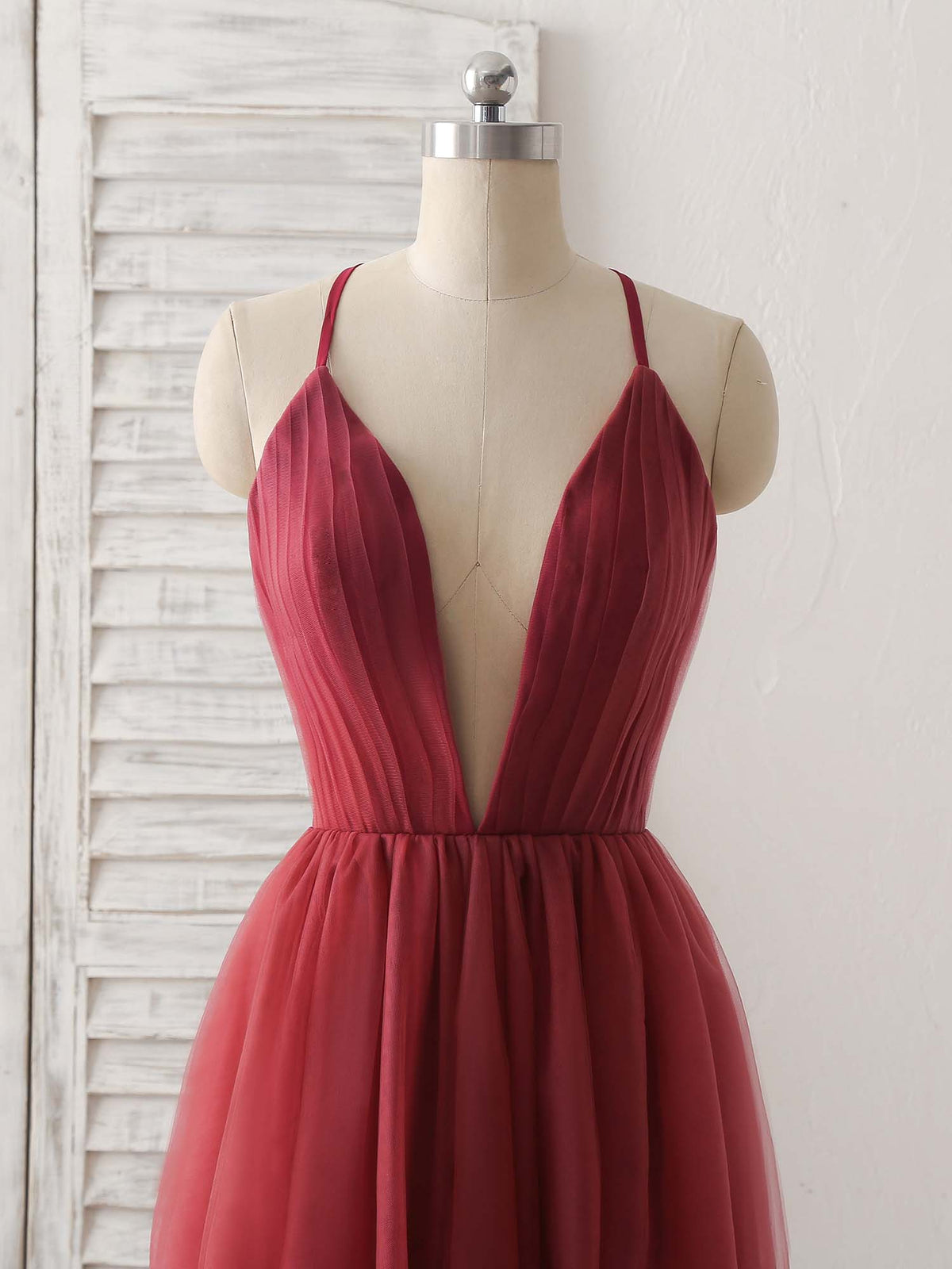 Burgundy V Neck Tulle Long Prom Dress, Burgundy Evening Dress