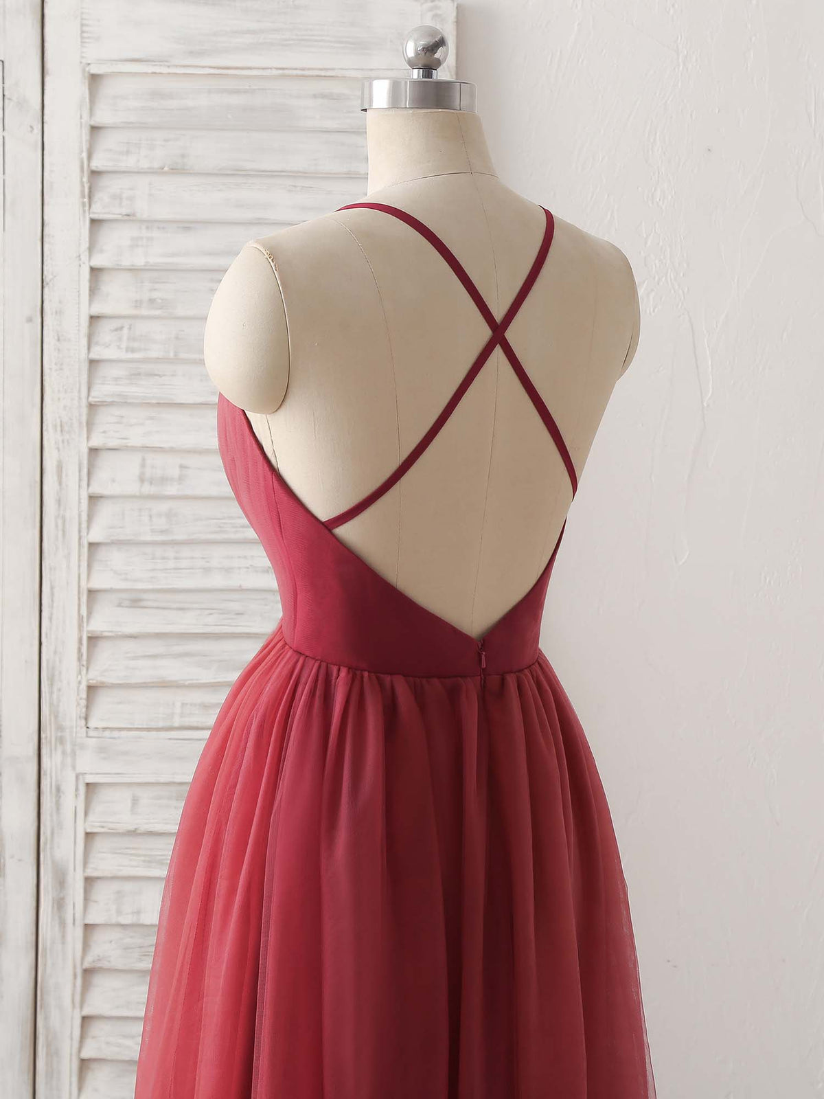 Burgundy V Neck Tulle Long Prom Dress, Burgundy Evening Dress