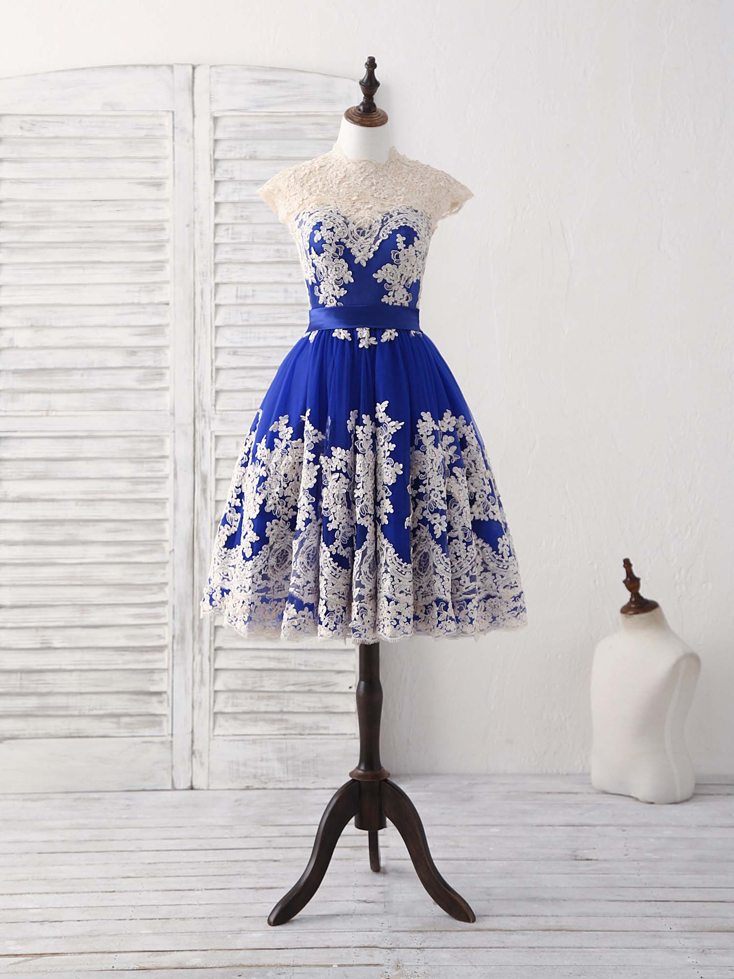 A-Line Blue Tulle Lace Applique Short Prom Dress, Blue Bridesmaid Dres