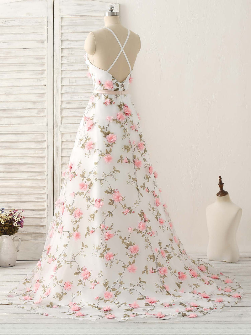White V Neck 3D Applique Tulle Long Prom Dress White Evening Dress shopluu White V Neck 3D Applique Tulle Long Prom Dress White Evening Dress shopluu
