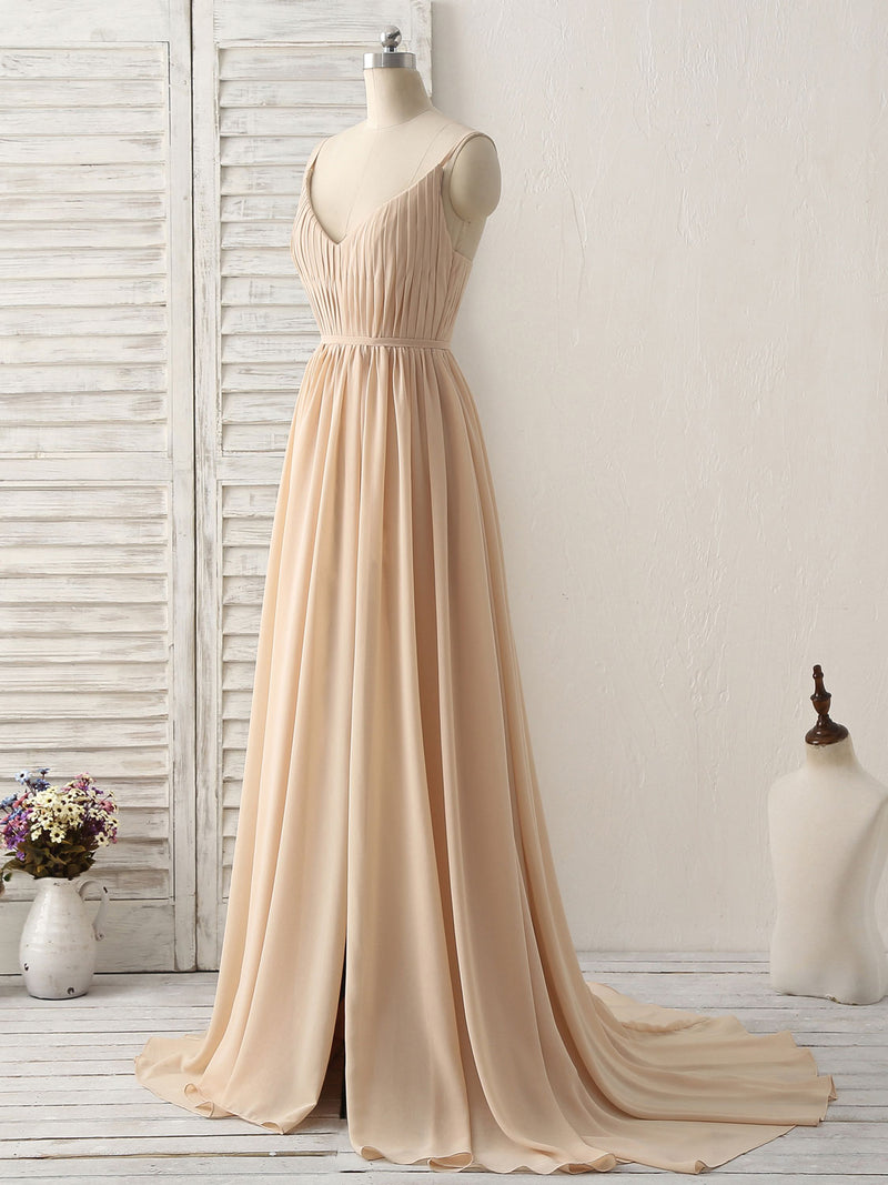 Simple Champagne Long Prom Dresses V Neck Chiffon Bridesmaid Dress US 4 / Champagne Simple Champagne Long Prom Dresses V Neck Chiffon Bridesmaid Dress US 4 / Champagne