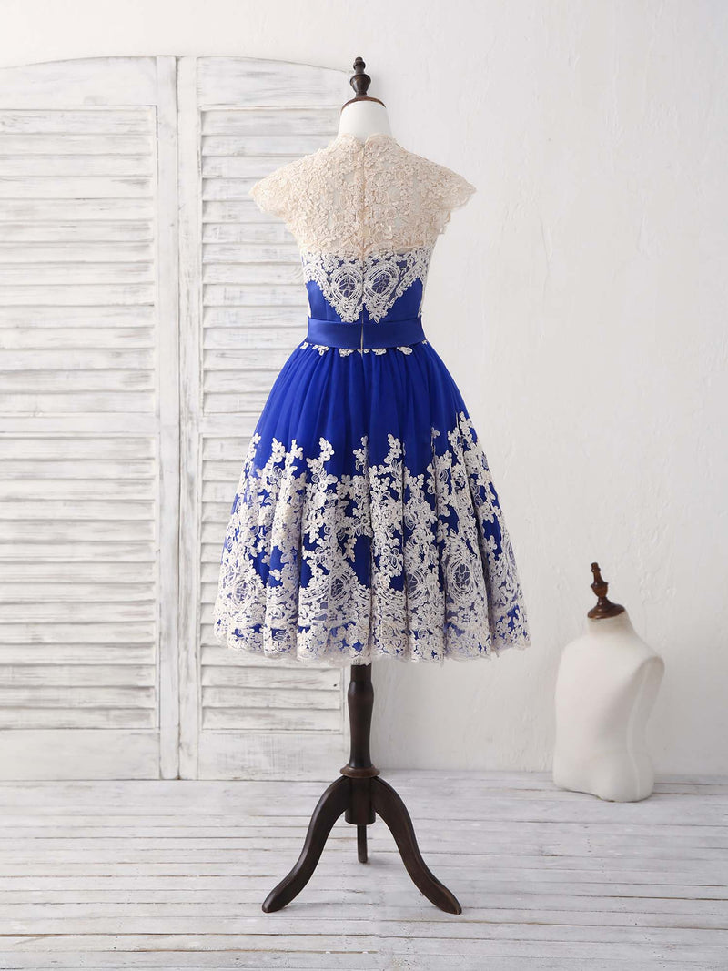 A-Line Blue Tulle Lace Applique Short Prom Dress, Blue Bridesmaid Dress US 16 / Custom Color A-Line Blue Tulle Lace Applique Short Prom Dress, Blue Bridesmaid Dress US 16 / Custom Color