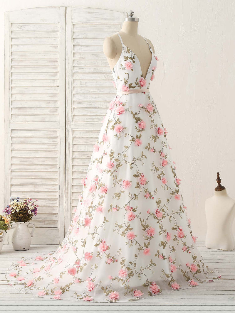 White V Neck 3D Applique Tulle Long Prom Dress White Evening Dress US 2 / White(As Picture) White V Neck 3D Applique Tulle Long Prom Dress White Evening Dress US 2 / White(As Picture)