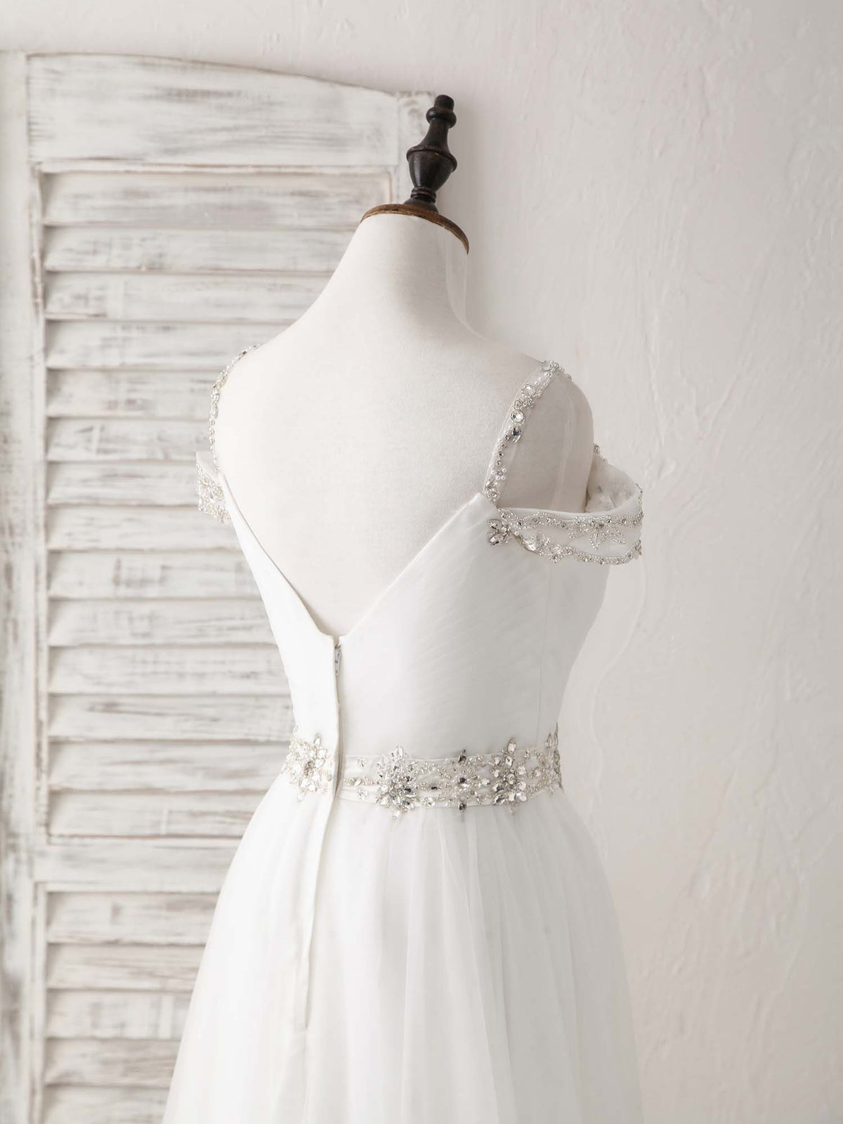 White Off Shoulder Tulle Beads Long Prom Dress White Evening Dress