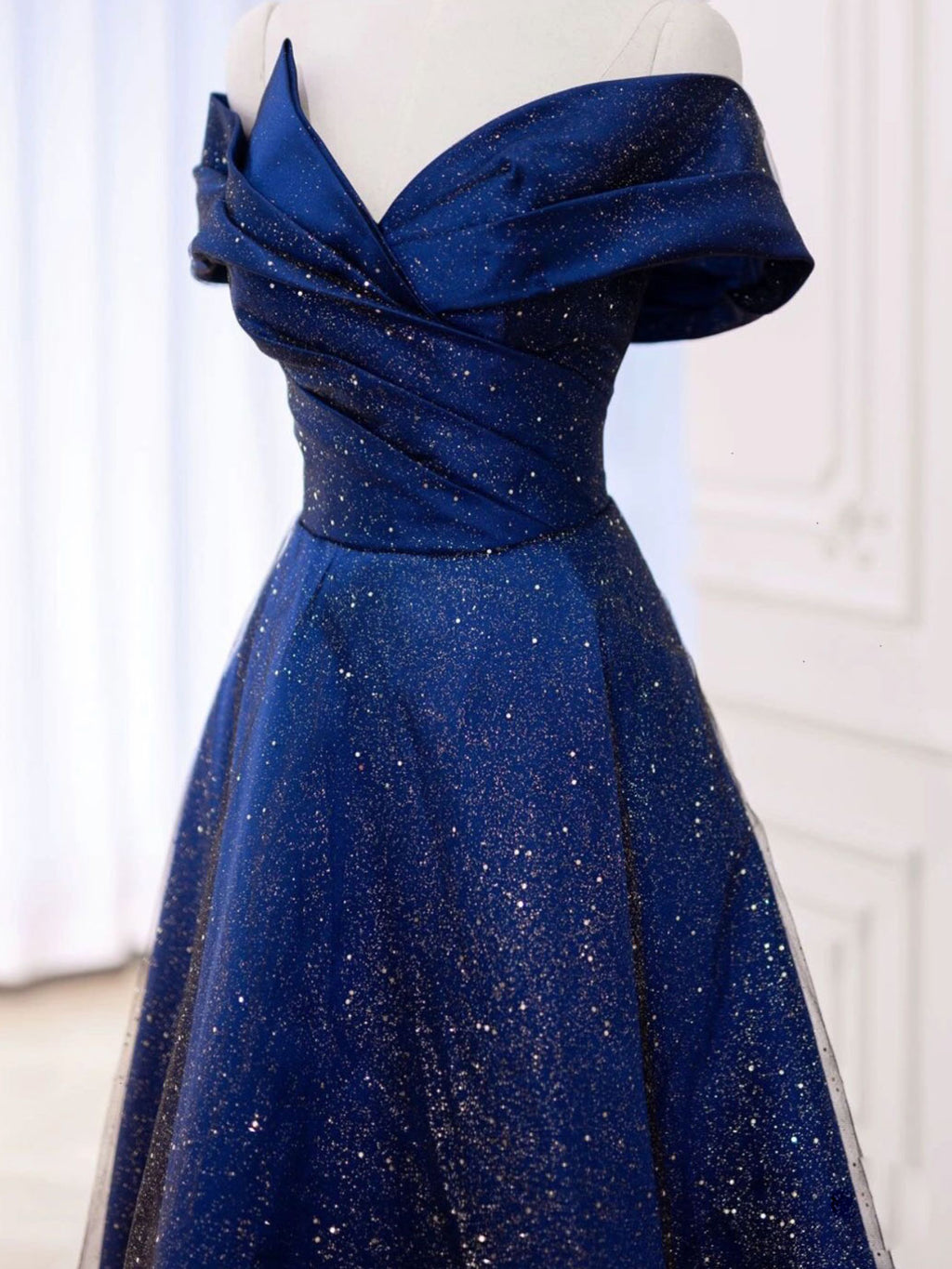 Simple Tulle Satin Dark Blue Long Prom Dress, Blue Formal Evening Dress