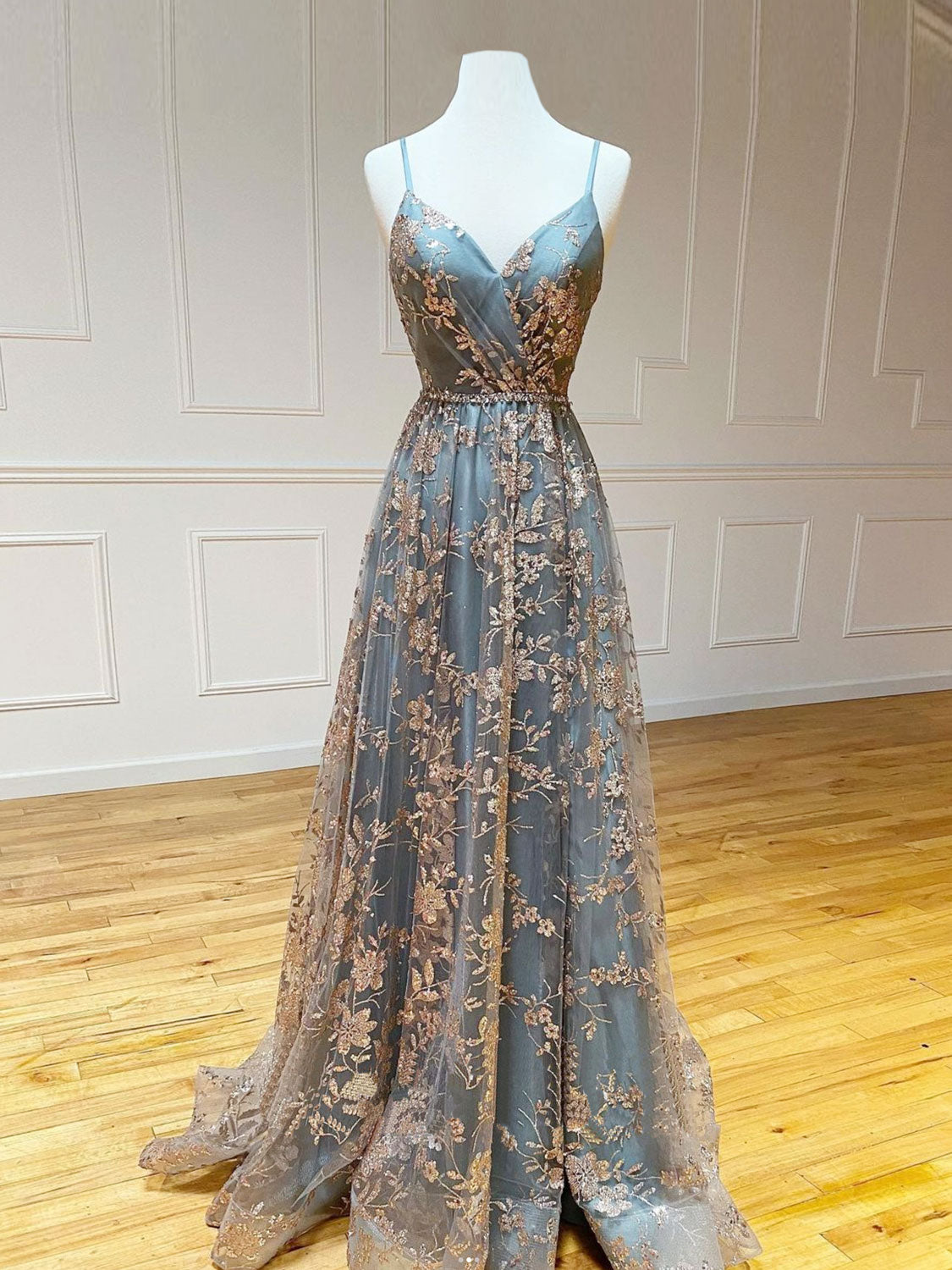 A-Line V Neck Tulle Sequin Long Prom Dress, Backless Long Evening Dresses