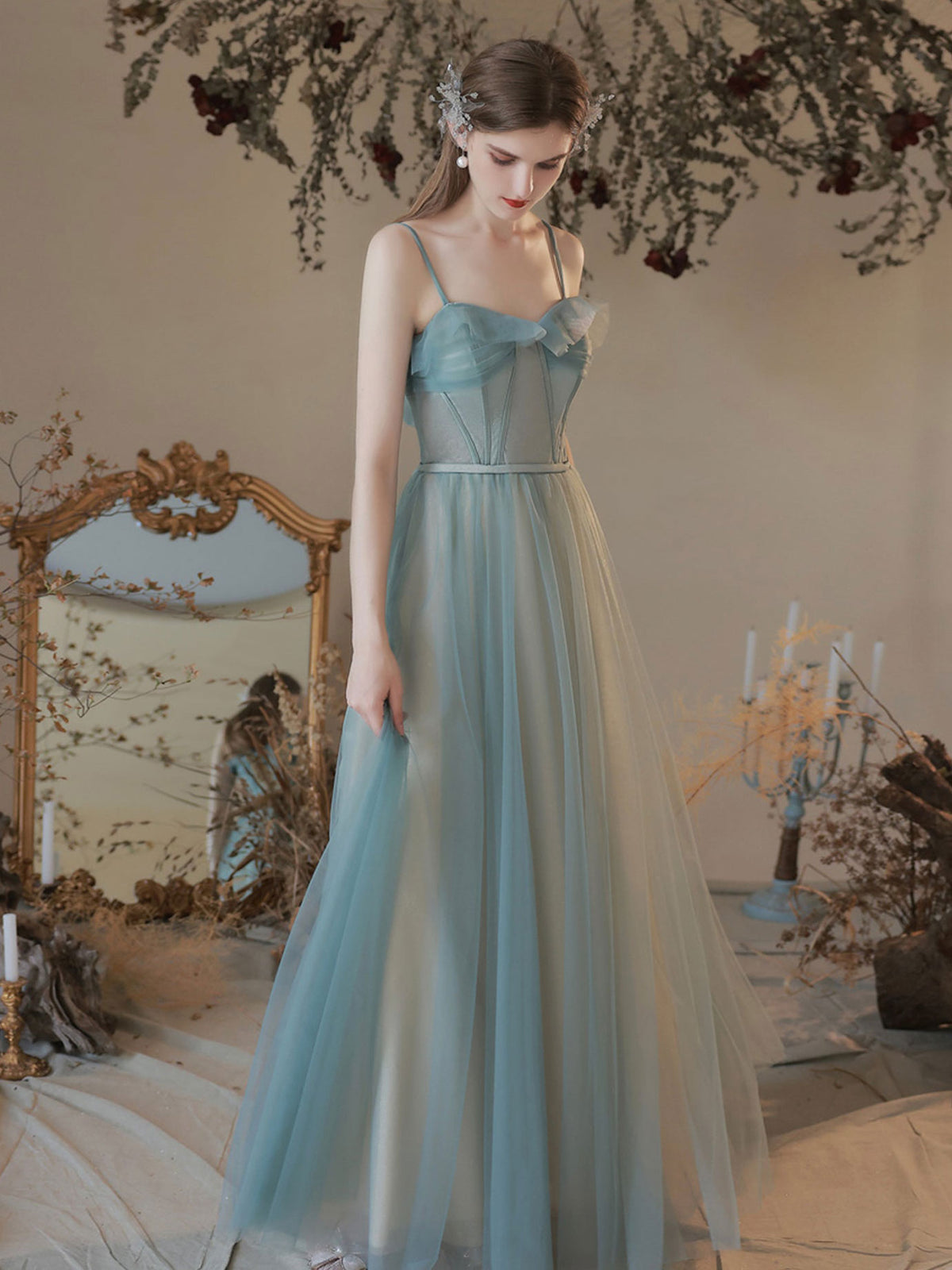 Green A line Sweetheart Neck Long Prom Dress Green Formal Party Dress