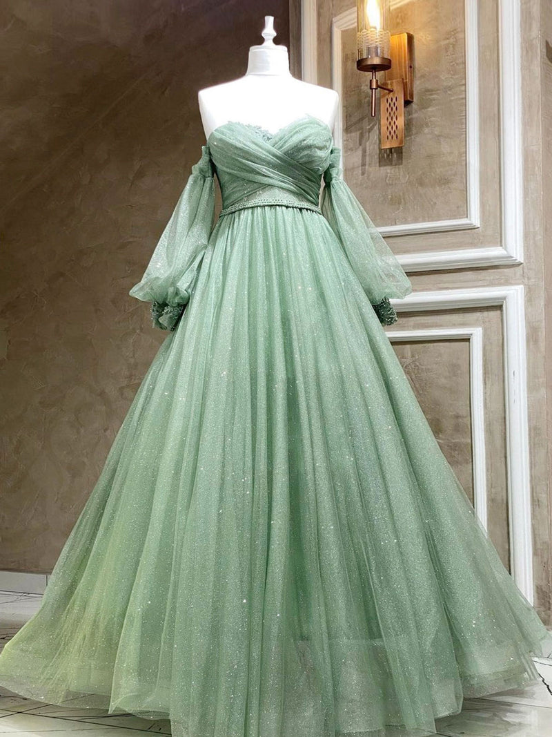 Sparkly Prom Wedding Dress Mint Green Special Occasion Dresses A Line Sweetheart Neck Long Sleeves Green Sparkly Prom Wedding Dress Mint Green Special Occasion Dresses A Line Sweetheart Neck Long Sleeves Green