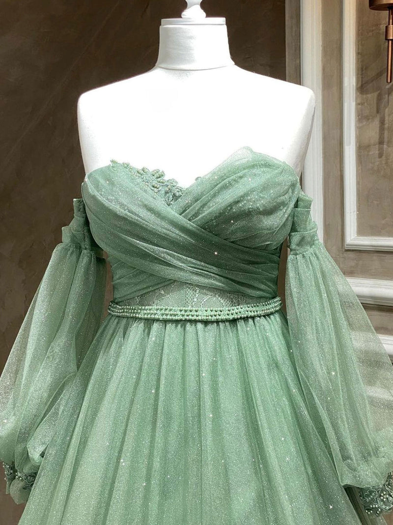 A-Line Sweetheart Neck Tulle Green Long Prom Dress, Green Formal Eveni shopluu A-Line Sweetheart Neck Tulle Green Long Prom Dress, Green Formal Eveni shopluu