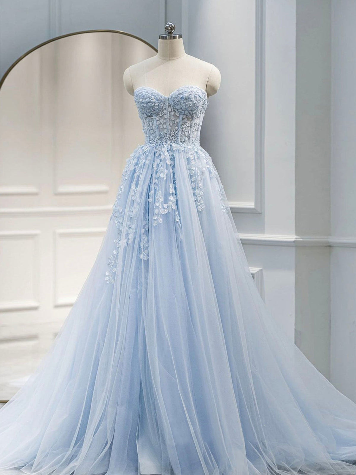 Blue Sweetheart Neck Tulle Long Prom Gown, Blue Long Formal Graduation Dress