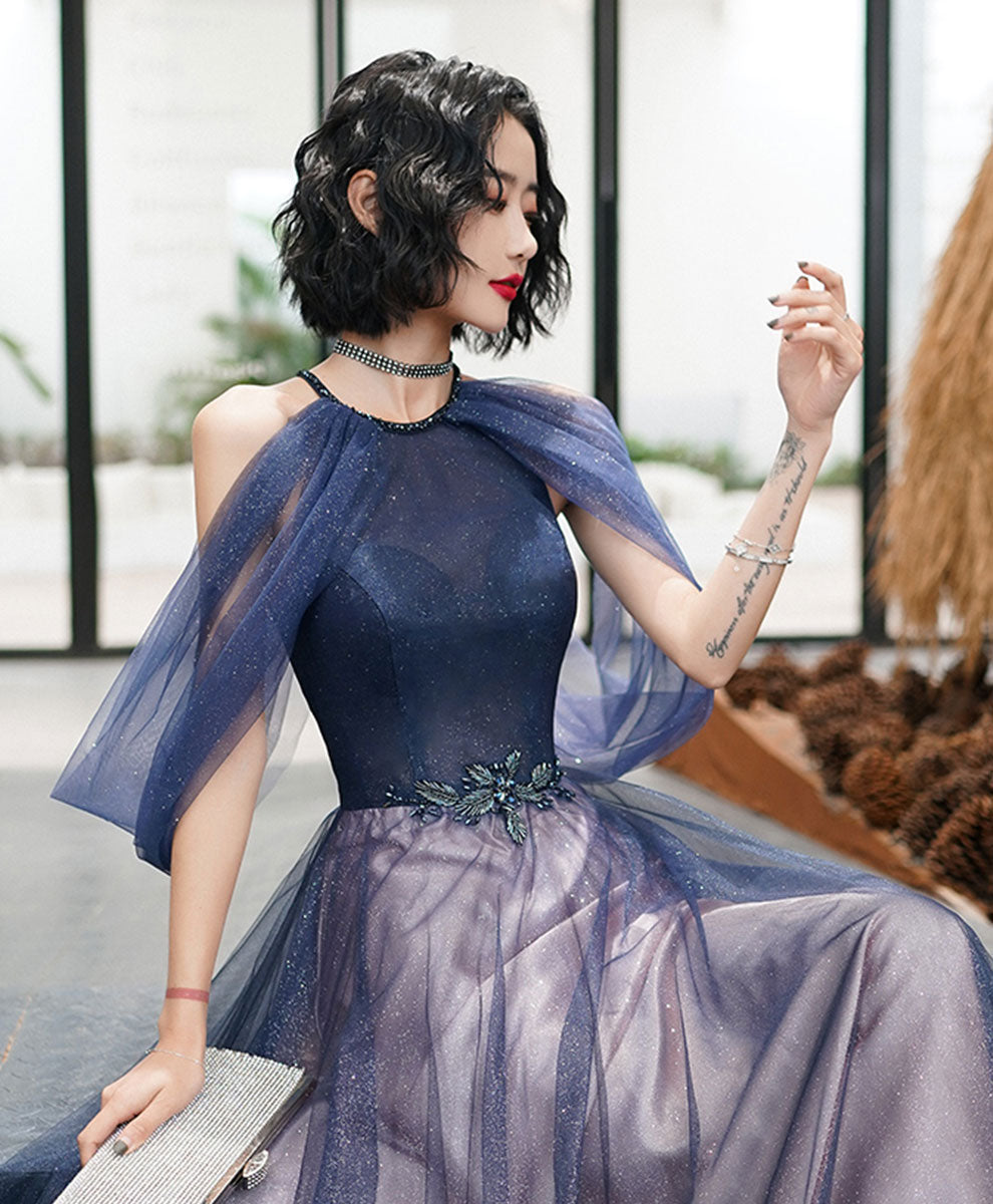Blue Tulle Sequin Long Prom Dress Blue Tulle Evening Dress