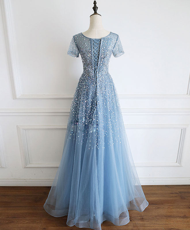 Blue Round Neck Tulle Sequin Beads Long Prom Dress Blue Tulle Formal D shopluu Blue Round Neck Tulle Sequin Beads Long Prom Dress Blue Tulle Formal D shopluu