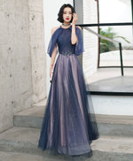 Blue Tulle Sequin Long Prom Dress Blue Tulle Evening Dress