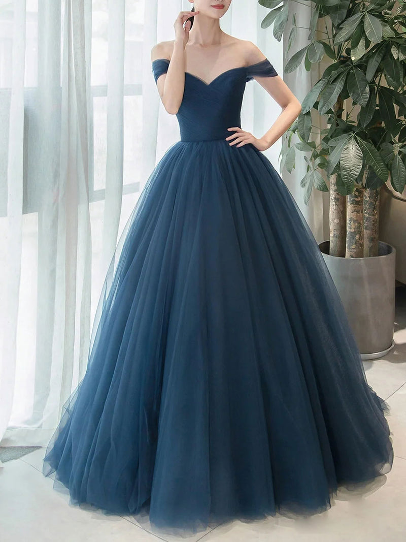 shopluu Blue A-Line Tulle Long Prom Dress, Blue Formal Sweet 16 Dress US 6 / Blue