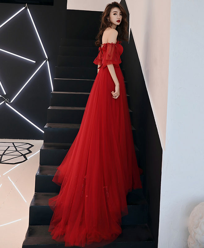 A-Line Red Tulle Lace Long Prom Dress Tulle Red Evening Dress