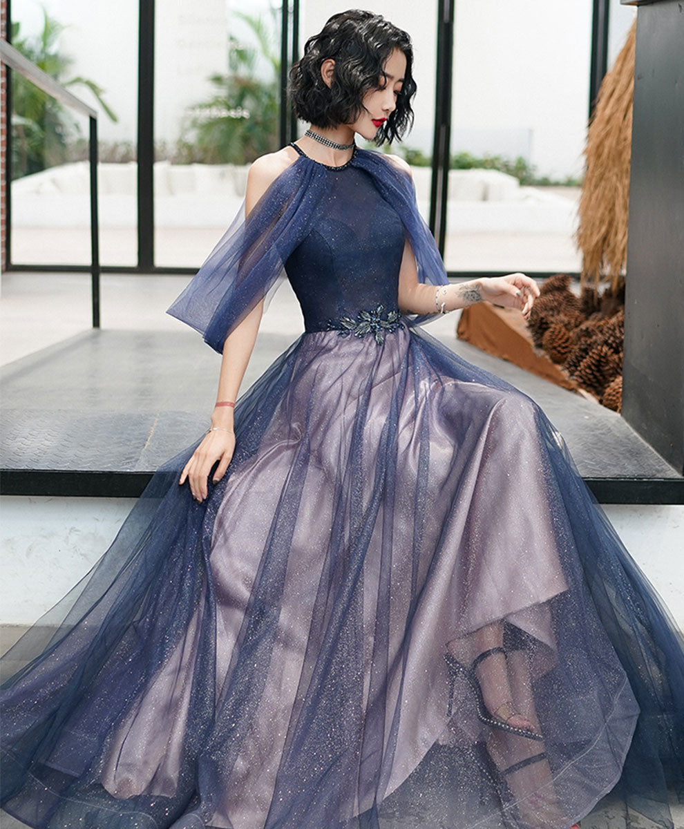 Blue Tulle Sequin Long Prom Dress Blue Tulle Evening Dress