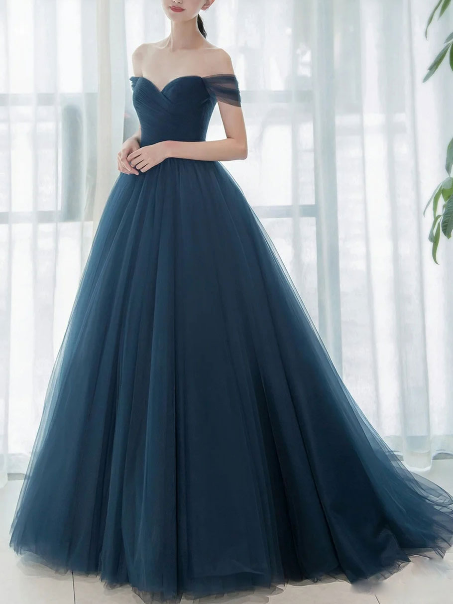 Simple Blue off Long Prom Dresses, V NeckTulle Bridesmaid Dresses