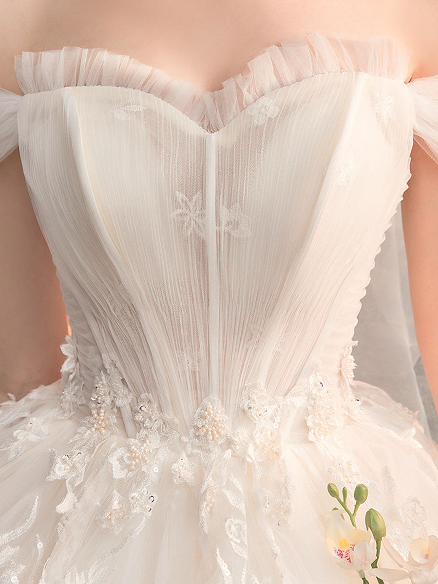 Champagne Sweetheart Neck Lace Long Wedding Dress Off Shoulder Wedding Gown