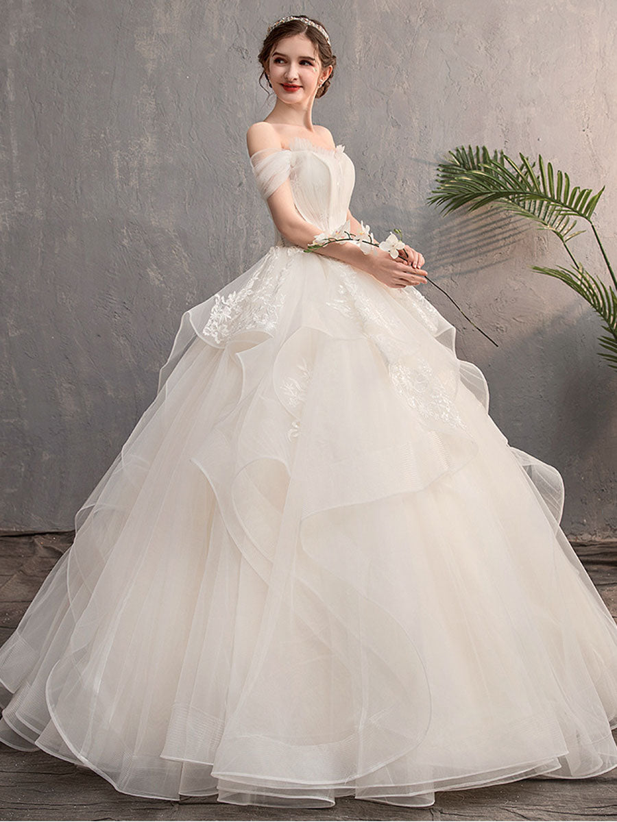Champagne Sweetheart Neck Lace Long Wedding Dress Off Shoulder Wedding Gown