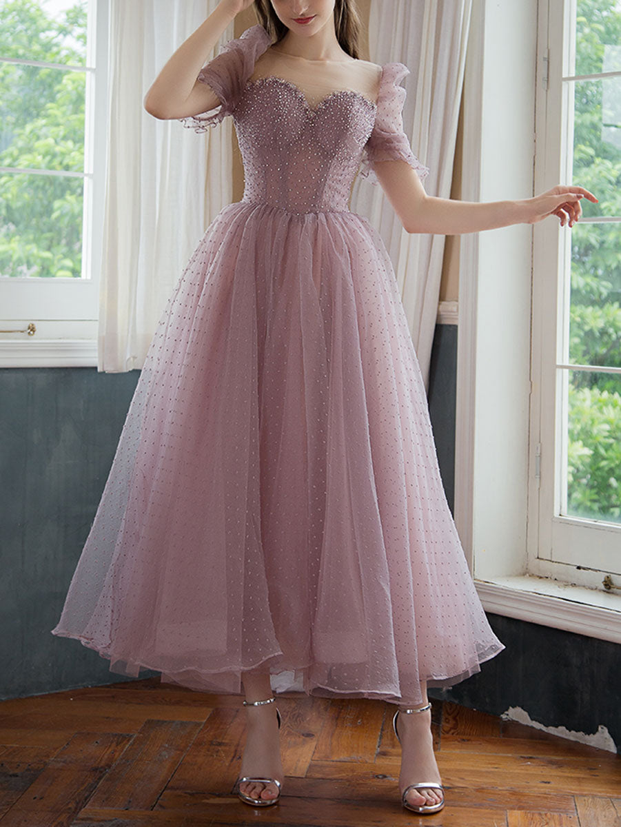 Sweetheart Tulle Beads Tea Length Pink Prom Dress, Tulle Homecoming Dress