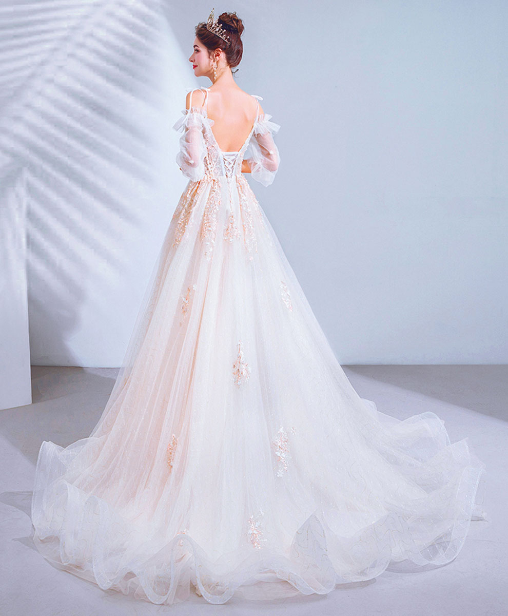Light Pink Tulle Lace Long Prom Dress Lace Long Evening Dress