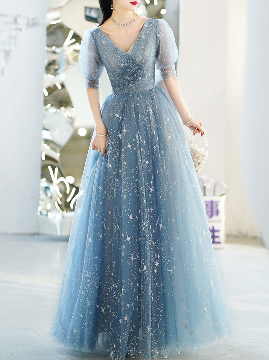 Simple V Neck Tulle Star Blue Long Prom Dress, Blue Formal Bridesmaid Dresses