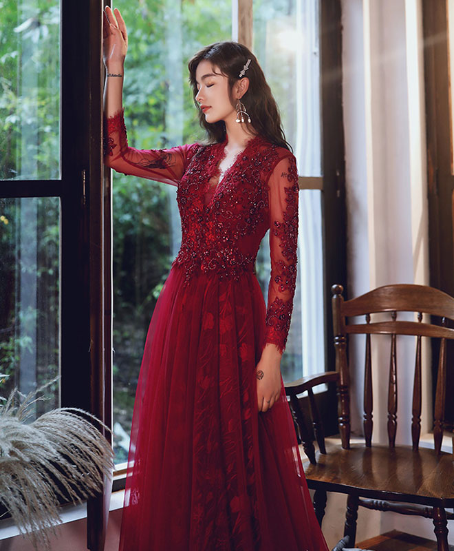 Burgundy V Neck Tulle Lace Long Prom Dress Burgundy Lace Evening Dress US 6 / Burgundy Burgundy V Neck Tulle Lace Long Prom Dress Burgundy Lace Evening Dress US 6 / Burgundy