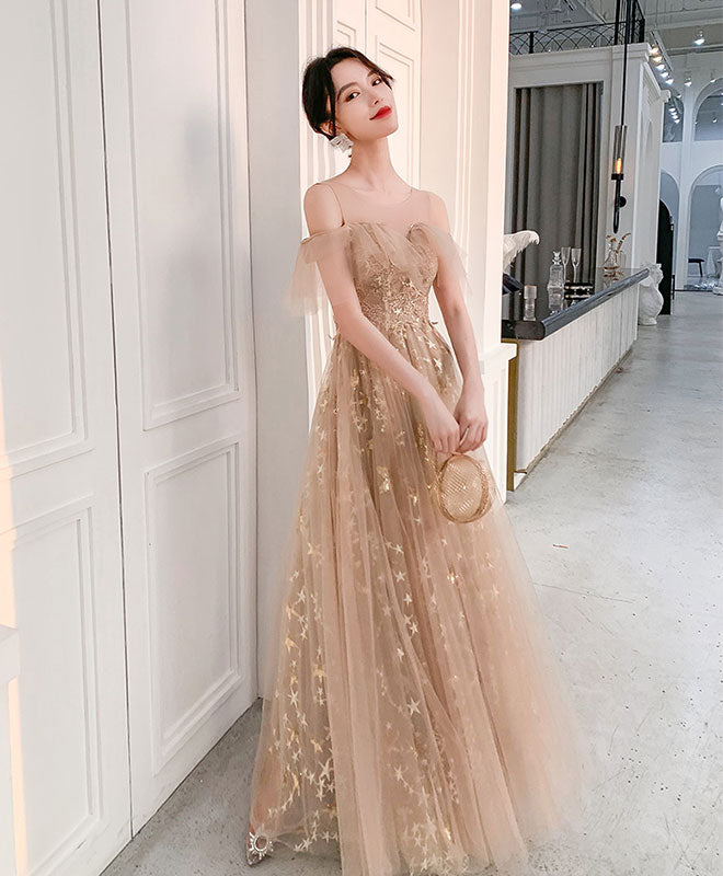 Champagne Round Neck Tulle Lace Long Prom Dress Tulle Evening Dress