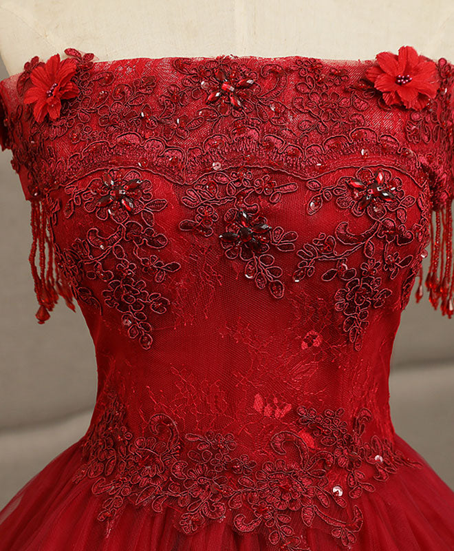 Burgundy tulle lace long prom gown, burgundy tulle lace formal dress