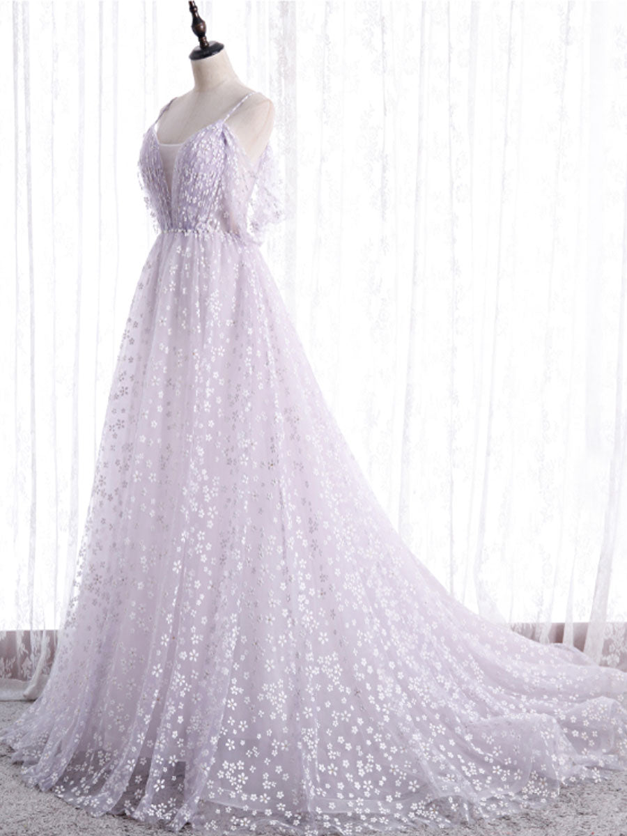 Purple tulle off shoulder long prom dress, purple evening dress