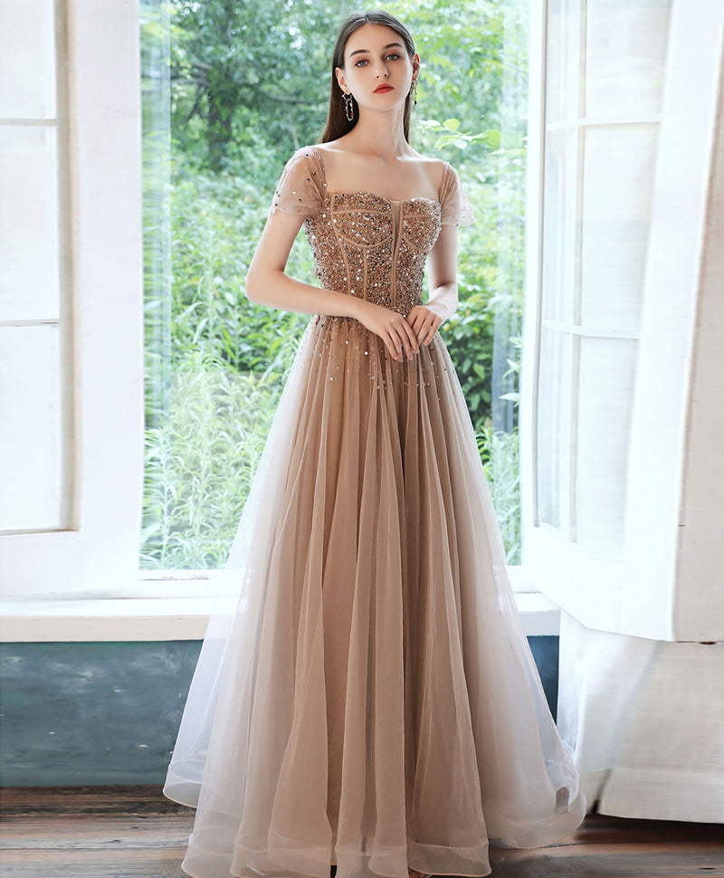 Champagne Tulle Sequin Beads Long Prom Dress Tulle Formal Dress shopluu Champagne Tulle Sequin Beads Long Prom Dress Tulle Formal Dress shopluu