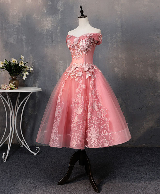 Pink Tulle Lace Off Shoulder Short Prom Dress Pink Homecoming Dress