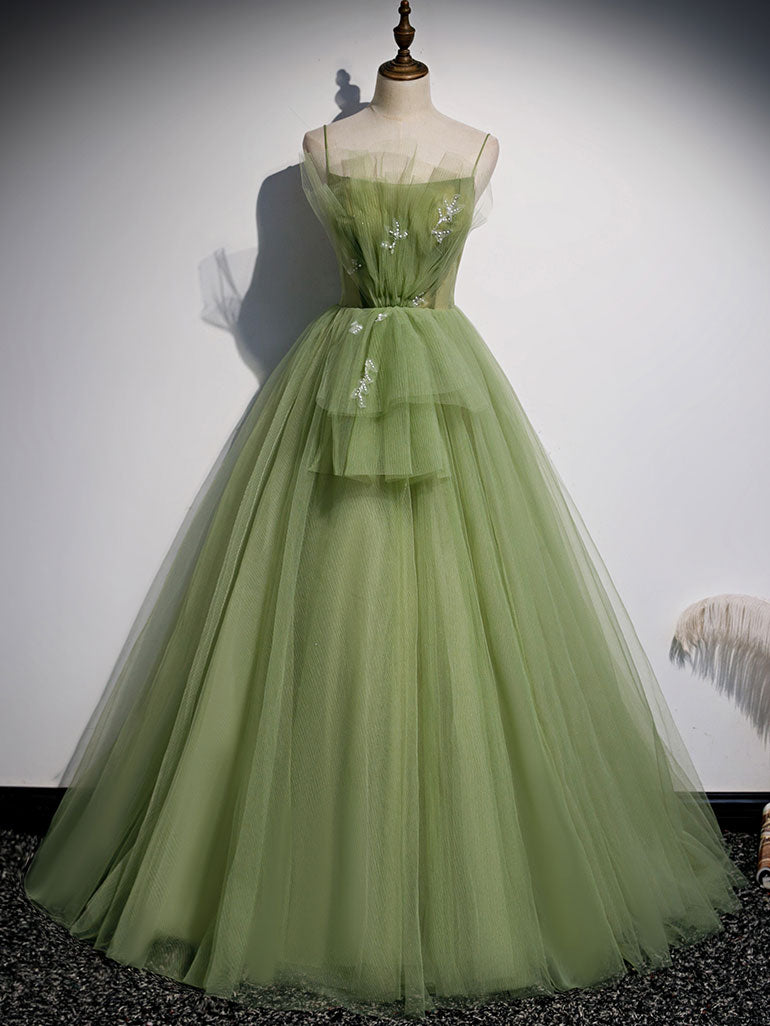 Green Tulle Long A-Line Prom Dresses, Green Spaghetti Straps Evening Dresses US 2 / Green Green Tulle Long A-Line Prom Dresses, Green Spaghetti Straps Evening Dresses US 2 / Green