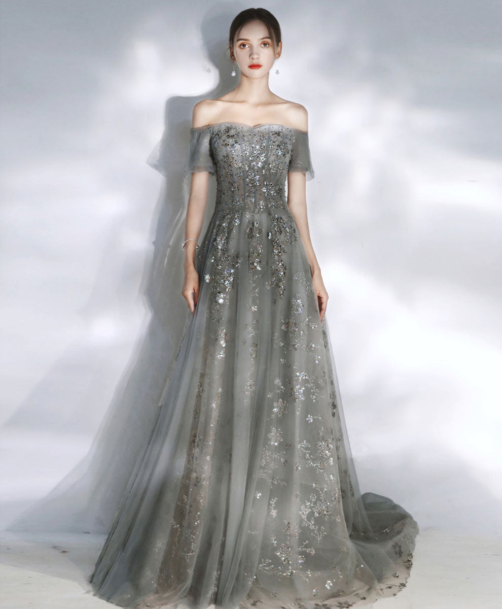 Gray Tulle Sequin Long Prom Dress Tulle Formal Dress