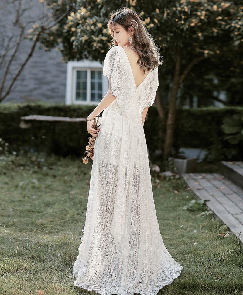 White V Neck Lace High Low Prom Dress White Lace Formal Dress