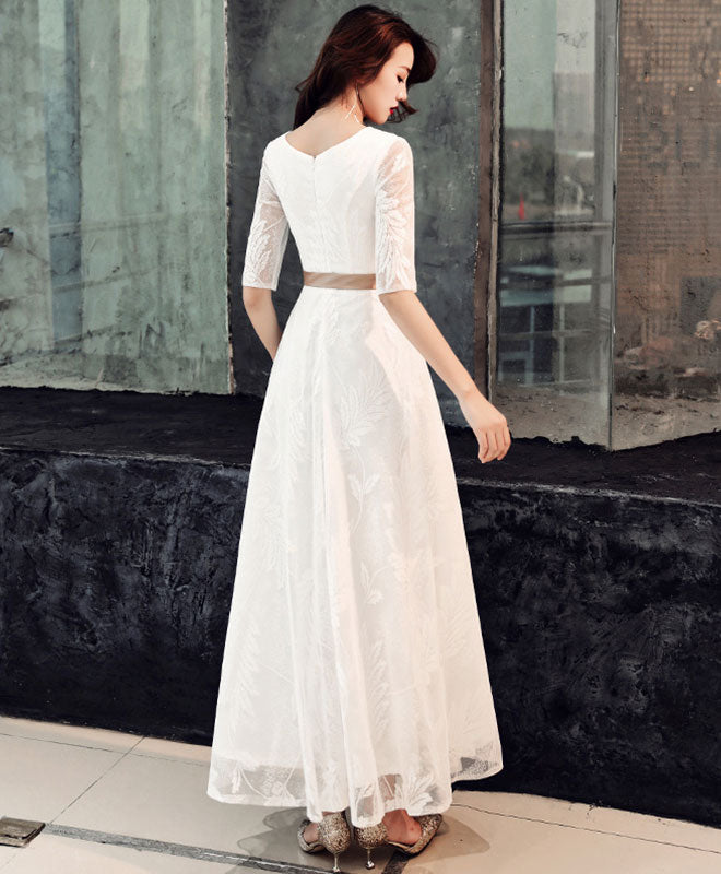 White Lace Tea Length Prom Dress White Lace Bridesmaid Dress