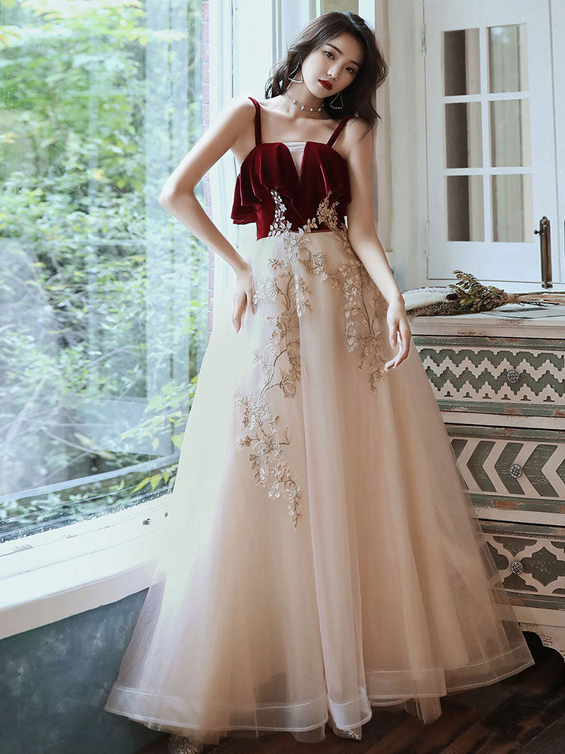 A line Green Tulle Lace Long Prom Dress, Green Formal Evening Party Dress