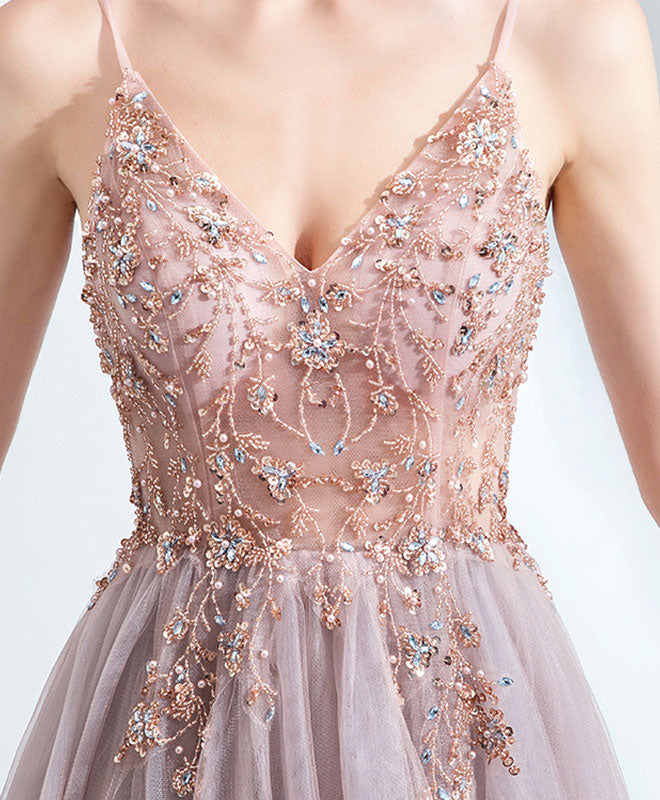 A-Line V Neck Tulle Beads Long Prom Dress Tulle Formal Dress